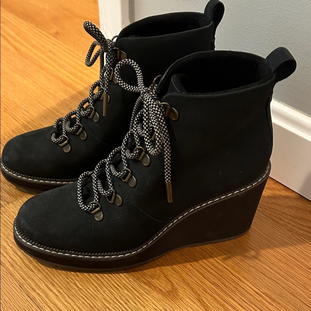 Toms Black Lace Up Wedge Boots